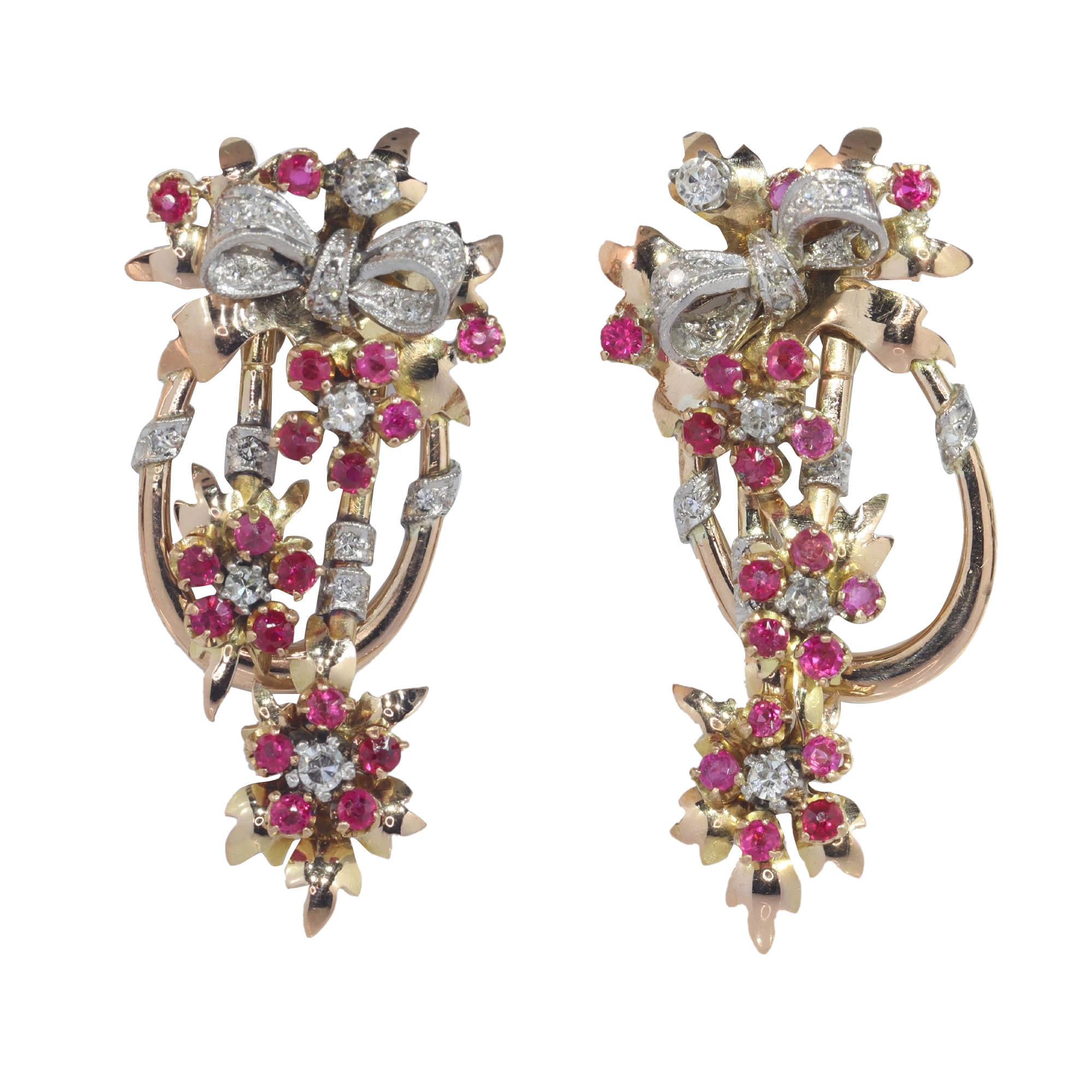 Vintage 1950's Retro pendent earrings with diamonds and rubies